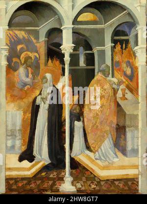 Art inspired by The Miraculous Communion of Saint Catherine of Siena, Tempera and gold on wood, 11 3/8 x 8 3/4 in. (28.9 x 22.2 cm), Paintings, Giovanni di Paolo (Giovanni di Paolo di Grazia) (Italian, Siena 1398–1482 Siena), These three panels belong to a series from the base (, Classic works modernized by Artotop with a splash of modernity. Shapes, color and value, eye-catching visual impact on art. Emotions through freedom of artworks in a contemporary way. A timeless message pursuing a wildly creative new direction. Artists turning to the digital medium and creating the Artotop NFT Stock Photo