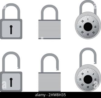 Set of unlocked and locked combination lock and padlocks Stock Vector