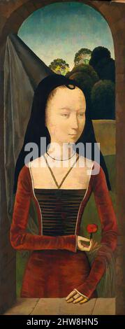 Art inspired by Young Woman with a Pink, ca. 1485–90, Oil on wood, Overall 17 x 7 3/8 in. (43.2 x 18.7 cm); painted surface 17 x 6 7/8 in. (43.2 x 17.5 cm), Paintings, Attributed to Hans Memling (Netherlandish, Seligenstadt, active by 1465–died 1494 Bruges), Rather than depicting a, Classic works modernized by Artotop with a splash of modernity. Shapes, color and value, eye-catching visual impact on art. Emotions through freedom of artworks in a contemporary way. A timeless message pursuing a wildly creative new direction. Artists turning to the digital medium and creating the Artotop NFT Stock Photo