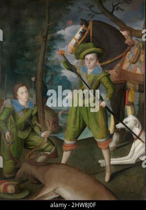 Art inspired by Henry Frederick (1594–1612), Prince of Wales, with Sir John Harington (1592–1614), in the Hunting Field, 1603, Oil on canvas, 79 1/2 x 58 in. (201.9 x 147.3 cm), Paintings, Robert Peake the Elder (British, ca. 1551–1619 London), This royal hunting portrait was modeled, Classic works modernized by Artotop with a splash of modernity. Shapes, color and value, eye-catching visual impact on art. Emotions through freedom of artworks in a contemporary way. A timeless message pursuing a wildly creative new direction. Artists turning to the digital medium and creating the Artotop NFT Stock Photo