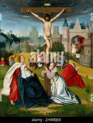 Art inspired by The Crucifixion, ca. 1495, Oil on wood, Overall 13 1/8 x 10 3/4 in. (33.3 x 27.3 cm); painted surface 12 5/8 x 10 1/4 in. (32.1 x 26 cm), Paintings, Attributed to Jan Provost (Netherlandish, Mons (Bergen) ca. 1465–1529 Bruges), This exquisite private devotional painting, Classic works modernized by Artotop with a splash of modernity. Shapes, color and value, eye-catching visual impact on art. Emotions through freedom of artworks in a contemporary way. A timeless message pursuing a wildly creative new direction. Artists turning to the digital medium and creating the Artotop NFT Stock Photo