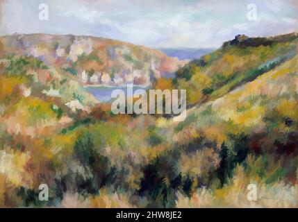 Art inspired by Hills around the Bay of Moulin Huet, Guernsey, 1883, Oil on canvas, 18 1/8 x 25 3/4 in. (46 x 65.4 cm), Paintings, Auguste Renoir (French, Limoges 1841–1919 Cagnes-sur-Mer), During his trip in late summer 1883 to the English Channel island of Guernsey, Renoir painted, Classic works modernized by Artotop with a splash of modernity. Shapes, color and value, eye-catching visual impact on art. Emotions through freedom of artworks in a contemporary way. A timeless message pursuing a wildly creative new direction. Artists turning to the digital medium and creating the Artotop NFT Stock Photo