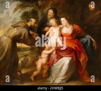 Art inspired by The Holy Family with Saints Francis and Anne and the Infant Saint John the Baptist, early or mid-1630s, Oil on canvas, 69 1/2 x 82 1/2 in. (176.5 x 209.6 cm), Paintings, Peter Paul Rubens (Flemish, Siegen 1577–1640 Antwerp), An ecstatic Saint Francis adores the infant, Classic works modernized by Artotop with a splash of modernity. Shapes, color and value, eye-catching visual impact on art. Emotions through freedom of artworks in a contemporary way. A timeless message pursuing a wildly creative new direction. Artists turning to the digital medium and creating the Artotop NFT Stock Photo