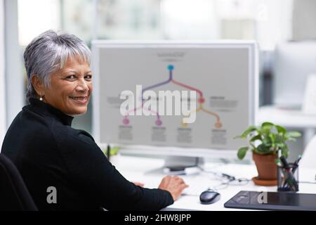 Im not scared of a little technology. Portrait of a happy mature businesswoman using her computer in the office. Stock Photo