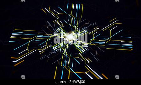 Explosion of energy neon lines. Animation. Neon lines explode creating pattern of motherboard. Lines move in computer pattern. Stock Photo