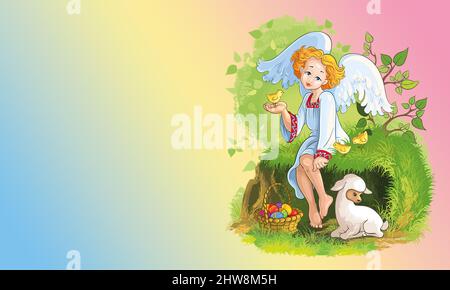 little blond angel, with sheep, birds and Easter eggs on the gradient background Stock Photo