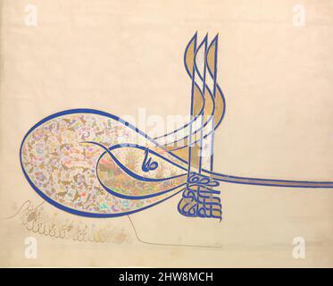 Art inspired by Tughra (Official Signature) of Sultan Süleiman the Magnificent (r. 1520–66), ca. 1555–60, From Turkey, Istanbul, Ink, opaque watercolor, and gold on paper, H. 20 1/2 in. (52.1 cm), Codices, The Ottoman tughra is a calligraphic emblem of the sultan's authority that was, Classic works modernized by Artotop with a splash of modernity. Shapes, color and value, eye-catching visual impact on art. Emotions through freedom of artworks in a contemporary way. A timeless message pursuing a wildly creative new direction. Artists turning to the digital medium and creating the Artotop NFT Stock Photo