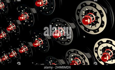 Futuristic technology with rows of spinning round shaped engines with red bulbs, seamless loop. Motion. Rotating space technology details on a black b Stock Photo