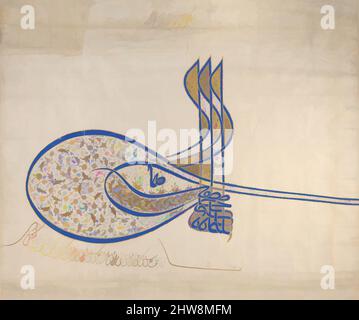 Art inspired by Tughra (Official Signature) of Sultan Süleiman the Magnificent (r. 1520–66), ca. 1555–60, Attributed to Turkey, Istanbul, Ink, opaque watercolor, and gold on paper, 20 1/2 x 23 1/2in. (52.1 x 59.7cm), Codices, A tughra is a stylized royal seal and signature applied by, Classic works modernized by Artotop with a splash of modernity. Shapes, color and value, eye-catching visual impact on art. Emotions through freedom of artworks in a contemporary way. A timeless message pursuing a wildly creative new direction. Artists turning to the digital medium and creating the Artotop NFT Stock Photo