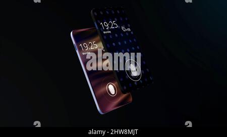 Biometric protection of smartphone. Abstract animation of modern luxury smartphone with fingerprint scanner rotating on the black background. Stock Photo