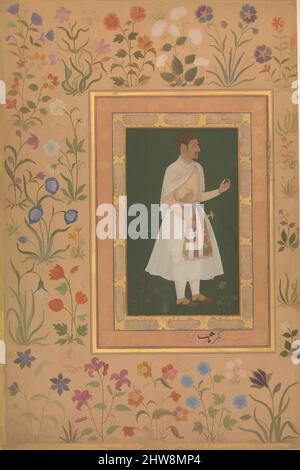 Art inspired by Portrait of Raja Bikramajit (Sundar Das)', Folio from the Shah Jahan Album, recto: ca. 1620; verso: ca. 1540, Attributed to India, Ink, opaque watercolor, and gold on paper, 15 1/4 x 10 1/8in. (38.7 x 25.7cm), Codices, Painting by Bichitr (active ca. 1610–60), Sundar, Classic works modernized by Artotop with a splash of modernity. Shapes, color and value, eye-catching visual impact on art. Emotions through freedom of artworks in a contemporary way. A timeless message pursuing a wildly creative new direction. Artists turning to the digital medium and creating the Artotop NFT Stock Photo