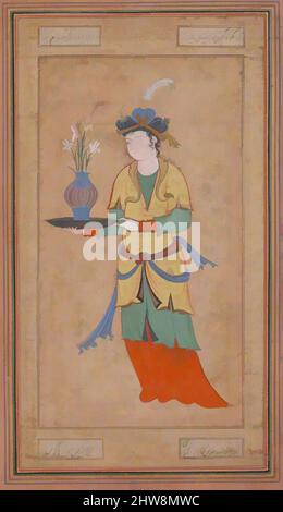 Art inspired by Woman with Vase of Lilies, second half 16th century, Attributed to Iran, Opaque watercolor and gold on paper, H. 12 7/8 in. (32.7 cm), Codices, Classic works modernized by Artotop with a splash of modernity. Shapes, color and value, eye-catching visual impact on art. Emotions through freedom of artworks in a contemporary way. A timeless message pursuing a wildly creative new direction. Artists turning to the digital medium and creating the Artotop NFT Stock Photo