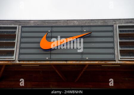 Taplow, Buckinghamshire, UK. 4th March, 2022. A Nike Factory Outlet Store in Taplow. Retailer Nike have stopped online orders from customers in Russia due to uncertainty deliveries, Nike have not made