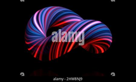 Coloured curved figure torus. Three-dimensional animation of bundle of twisted in circle of luminous threads. Abstract neon animation of torus in isol Stock Photo