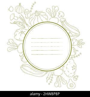 Label sticker with round frame made of linear hand drawn vegetables and root crops. Mushrooms, pumpkin, peas and zucchini, beets and pattison. Vector Stock Vector
