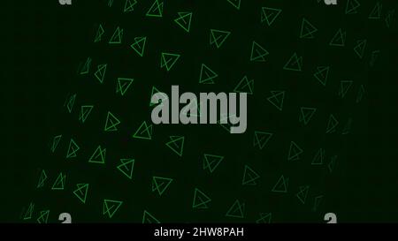 Transparent triangle shape. Motion. Lot of rotating triangles form figure on dark background. Triangles form cylindrical shape. Stock Photo