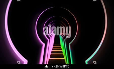 Abstract animation neon lock hole. Animation. Neon tunnel in shape of door opening for key. Keyhole tunnel on black background. Stock Photo