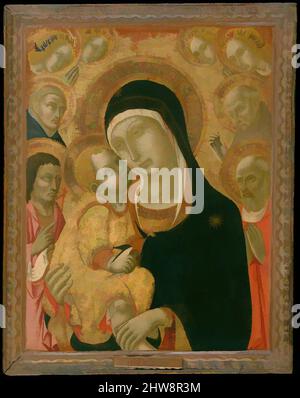 Art inspired by Madonna and Child with Saints John the Baptist, Jerome, Peter Martyr, and Bernardino and Four Angels, ca. 1425–before ca. 1467, Tempera on wood, gold ground, Overall, with engaged (not original) frame, 28 1/8 x 22 1/8 in. (71.4 x 56.2 cm); painted surface 24 3/4 x 18 5/, Classic works modernized by Artotop with a splash of modernity. Shapes, color and value, eye-catching visual impact on art. Emotions through freedom of artworks in a contemporary way. A timeless message pursuing a wildly creative new direction. Artists turning to the digital medium and creating the Artotop NFT Stock Photo