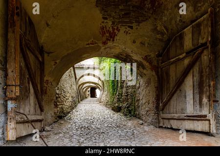 The entrance of the historic castle church of Biertan in Romania Stock Photo