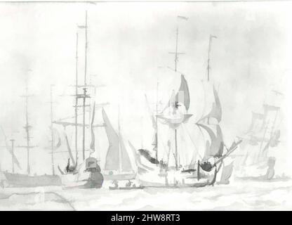 Art inspired by Dutch Merchant Ships at Anchor or under Easy Sail in a Moderate Breeze, ca. 1658, Pencil, brush and grayish brown wash, 6 1/2 x 9 1/8 in. (16.5 x 23.1 cm), Drawings, Willem van de Velde I (Dutch, Leiden 1611–1693 London) (and another hand, Classic works modernized by Artotop with a splash of modernity. Shapes, color and value, eye-catching visual impact on art. Emotions through freedom of artworks in a contemporary way. A timeless message pursuing a wildly creative new direction. Artists turning to the digital medium and creating the Artotop NFT Stock Photo