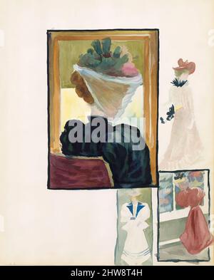 Art inspired by Large Boston Public Garden Sketchbook: Four vignettes of fashionably dressed women, 1895–97, Recto: watercolor over pencil; verso: pencil, 14 1/8 x 11 3/16 in. (35.8 x 28.4 cm), Drawings, Maurice Brazil Prendergast (American, St. John’s, Newfoundland 1858–1924 New York, Classic works modernized by Artotop with a splash of modernity. Shapes, color and value, eye-catching visual impact on art. Emotions through freedom of artworks in a contemporary way. A timeless message pursuing a wildly creative new direction. Artists turning to the digital medium and creating the Artotop NFT Stock Photo