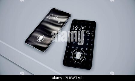 Abstract animation of new luxury smartphones with fingerprint scanner lying on the grey surface. Biometric protection of smartphone Stock Photo