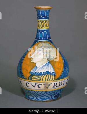 Art inspired by Apothecary bottle (fiasca da farmacia), ca. 1530–40, Italian, Castelli, Maiolica (tin-glazed earthenware), Height: 9 5/8 in. (24.5cm), Ceramics-Pottery, Classic works modernized by Artotop with a splash of modernity. Shapes, color and value, eye-catching visual impact on art. Emotions through freedom of artworks in a contemporary way. A timeless message pursuing a wildly creative new direction. Artists turning to the digital medium and creating the Artotop NFT Stock Photo