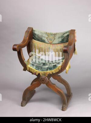 Art inspired by Hip-joint armchair (Dantesca type, associated with a,b), 15th or 16th century (textiles); 16th century (chair), Italian, Walnut, carved; embroidery, silk velvet, metal., H. 91.3 cm, W. 68 cm, D. 53 cm, Classic works modernized by Artotop with a splash of modernity. Shapes, color and value, eye-catching visual impact on art. Emotions through freedom of artworks in a contemporary way. A timeless message pursuing a wildly creative new direction. Artists turning to the digital medium and creating the Artotop NFT Stock Photo