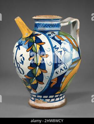 Art inspired by Maiolica: Apothecary jug (brocca), early 16th century (?), Italian (supposedly Faenza or Florence), Maiolica (tin-glazed earthenware), Height: 13 1/8 in. (33.3 cm), Ceramics-Pottery, Classic works modernized by Artotop with a splash of modernity. Shapes, color and value, eye-catching visual impact on art. Emotions through freedom of artworks in a contemporary way. A timeless message pursuing a wildly creative new direction. Artists turning to the digital medium and creating the Artotop NFT Stock Photo