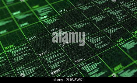 Table with computer calculations. Animation. Computational computer codes with numerical results in cells. Structured table with matrix-style calculat Stock Photo