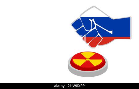 Hand pushing the start button. Fist in russian flag colors ready to drop an atomic or nuclear bomb.  Stock Vector