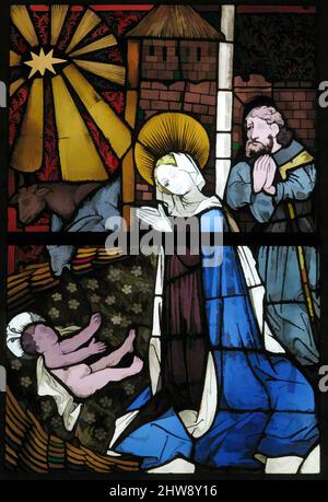 Art inspired by Stained Glass Panel with the Nativity, 15th century, German, Pot metal, white glass, vitreous paint, silver stain, olive-green enamel, Overall (with 1 T-bar): 44 1/8 x 29 3/8 x 3/8 in. (112.1 x 74.6 x 1 cm), Glass-Stained, This panel, and its companion, were once part, Classic works modernized by Artotop with a splash of modernity. Shapes, color and value, eye-catching visual impact on art. Emotions through freedom of artworks in a contemporary way. A timeless message pursuing a wildly creative new direction. Artists turning to the digital medium and creating the Artotop NFT Stock Photo