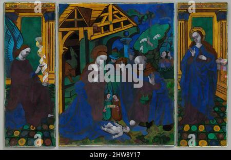 Art inspired by Three plaques from a triptych with the Adoration of the Shepherds, Flanked by the Angel Gabriel and the Virgin Annunciate, early 16th century, Made in Limoges, France, French, Painted enamel, copper, Overall (as installed): 8 5/16 x 13 3/4 in. (21.1 x 34.9 cm), Enamels-, Classic works modernized by Artotop with a splash of modernity. Shapes, color and value, eye-catching visual impact on art. Emotions through freedom of artworks in a contemporary way. A timeless message pursuing a wildly creative new direction. Artists turning to the digital medium and creating the Artotop NFT
