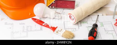 Construction blueprints with tools and tablet, top view Stock Photo