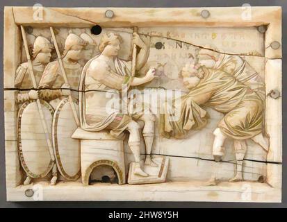Art inspired by Plaque with Scenes from the Story of Joshua, 900–1000, Made in Constantinople, Byzantine, Ivory, traces of polychromy, gilding; bone (border strips), a: 2 1/2 x 3 9/16 x 1/4 in. (6.3 x 9 x 0.6 cm), Ivories, These panels are from a casket that illustrated Joshua’s, Classic works modernized by Artotop with a splash of modernity. Shapes, color and value, eye-catching visual impact on art. Emotions through freedom of artworks in a contemporary way. A timeless message pursuing a wildly creative new direction. Artists turning to the digital medium and creating the Artotop NFT Stock Photo