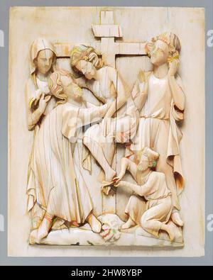 Art inspired by Plaque with the Descent from the Cross, ca. 1320–40, Made in probably Paris, France, French, Ivory, whale bone, traces of paint and gilding, Overall: 9 1/8 x 7 3/16 x 13/16 in. (23.2 x 18.3 x 2.1 cm), Ivories, The ivory figures are mounted on a sheet of whalebone. This, Classic works modernized by Artotop with a splash of modernity. Shapes, color and value, eye-catching visual impact on art. Emotions through freedom of artworks in a contemporary way. A timeless message pursuing a wildly creative new direction. Artists turning to the digital medium and creating the Artotop NFT Stock Photo