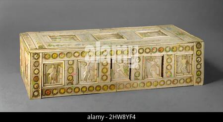 Art inspired by Casket with Warriors and Mythological Figures, 10th–11th century, Made in Constantinople, Byzantine, Bone plaques and ornamental strips over wood; silver lock plate, Overall: 4 5/8 x 17 1/4 x 7 1/8in. (11.7 x 43.8 x 18.1cm), Ivories, Bone caskets, used by the Byzantines, Classic works modernized by Artotop with a splash of modernity. Shapes, color and value, eye-catching visual impact on art. Emotions through freedom of artworks in a contemporary way. A timeless message pursuing a wildly creative new direction. Artists turning to the digital medium and creating the Artotop NFT Stock Photo