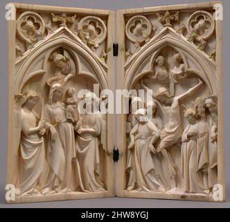 Art inspired by Diptych with the Crucifixion and the Coronation of the Virgin, ca. 1340–60, Made in Northern, France, North French, Ivory with metal mounts, Overall (open): 6 5/8 x 7 1/2 x 1/2 in. (16.8 x 19.1 x 1.2 cm), Ivories, Paris became the principal center of ivory carving in, Classic works modernized by Artotop with a splash of modernity. Shapes, color and value, eye-catching visual impact on art. Emotions through freedom of artworks in a contemporary way. A timeless message pursuing a wildly creative new direction. Artists turning to the digital medium and creating the Artotop NFT Stock Photo