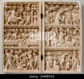 Art inspired by Diptych with Scenes from Christ's Passion, ca. 1350, Made in France, French, Ivory with metal mounts, Overall (open): 7 1/2 x 8 9/16 x 1/2 in. (19.1 x 21.8 x 1.2 cm), Ivories, The booklike form of such narrative diptychs as this suggests that they are to be visually ', Classic works modernized by Artotop with a splash of modernity. Shapes, color and value, eye-catching visual impact on art. Emotions through freedom of artworks in a contemporary way. A timeless message pursuing a wildly creative new direction. Artists turning to the digital medium and creating the Artotop NFT Stock Photo