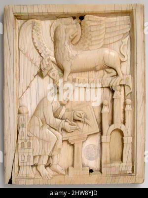 Art inspired by Evangelist Saint Mark writing the Gospel with his symbol, the Lion, holding a scroll, 11th century, Made in Cologne, Germany, German, Ivory, Overall: 5 1/2 x 4 1/4 x 5/16 in. (13.9 x 10.8 x 0.8 cm), Ivories, This ivory likely decorated the cover of a Gospel book. The, Classic works modernized by Artotop with a splash of modernity. Shapes, color and value, eye-catching visual impact on art. Emotions through freedom of artworks in a contemporary way. A timeless message pursuing a wildly creative new direction. Artists turning to the digital medium and creating the Artotop NFT Stock Photo