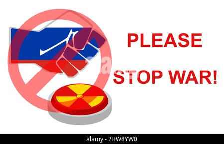 Hand pushing the start button. Fist in russian flag colors ready to drop an atomic or nuclear bomb.  Stock Vector