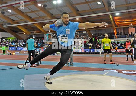 Filip Mihaljevic (CRO) places second in the shot put at 71-7 1/2 (21.83m) during the Villa de Madrid meeting at the CDM Gallur  Arena, Tuesday, Mar. 2 Stock Photo