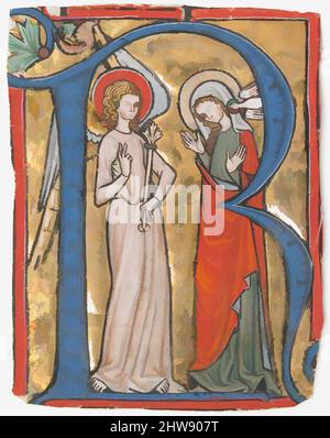 Art inspired by Manuscript Illumination with the Annunciation in an Initial R, from a Gradual, ca. 1300, Made in Lake Constance, Switzerland, Upper Rhenish, Tempera, ink and gold on parchment, 4 x 3 1/16in. (10.2 x 7.8cm), Manuscripts and Illuminations, Here, the letter “R” opens the, Classic works modernized by Artotop with a splash of modernity. Shapes, color and value, eye-catching visual impact on art. Emotions through freedom of artworks in a contemporary way. A timeless message pursuing a wildly creative new direction. Artists turning to the digital medium and creating the Artotop NFT Stock Photo