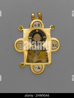 Art inspired by Double-Sided Pendant Icon with the Virgin and Christ Pantokrator, ca. 1100, Made in Constantinople, Byzantine, Gold, cloisonné enamel, Overall: 1 5/16 x 15/16 x 1/16in. (3.3 x 2.4 x 0.2cm), Enamels-Cloisonné, This pendant is one of the most beautiful and technically, Classic works modernized by Artotop with a splash of modernity. Shapes, color and value, eye-catching visual impact on art. Emotions through freedom of artworks in a contemporary way. A timeless message pursuing a wildly creative new direction. Artists turning to the digital medium and creating the Artotop NFT Stock Photo