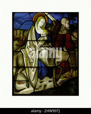 Art inspired by Stained Glass Panel with the Flight into Egypt, ca. 1485–1500, German, Pot metal, white glass, vitreous paint, silver stain, Overall: 28 11/16 x 22 3/4 x 3/8 in. (72.9 x 57.8 x 1 cm), Glass-Stained, In fifteenth-century Cologne, glass painting began to be increasingly, Classic works modernized by Artotop with a splash of modernity. Shapes, color and value, eye-catching visual impact on art. Emotions through freedom of artworks in a contemporary way. A timeless message pursuing a wildly creative new direction. Artists turning to the digital medium and creating the Artotop NFT Stock Photo