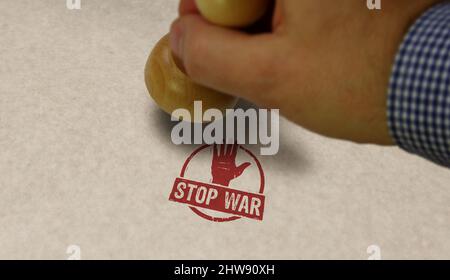 Stop war stamp and stamping hand. Peace, no aggression and pacifism concept. Stock Photo