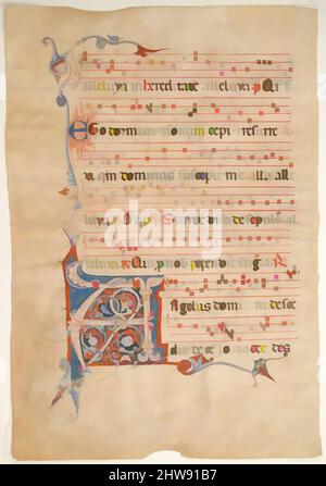 Art inspired by Manuscript Leaf with Foliated Initial A, from an Antiphonary, 14th century, Made in Bologna (?), Italy, Italian, Tempera, ink, and silver on parchment, Overall: 20 5/16 x 14 in. (51.6 x 35.6 cm), Manuscripts and Illuminations, Classic works modernized by Artotop with a splash of modernity. Shapes, color and value, eye-catching visual impact on art. Emotions through freedom of artworks in a contemporary way. A timeless message pursuing a wildly creative new direction. Artists turning to the digital medium and creating the Artotop NFT Stock Photo