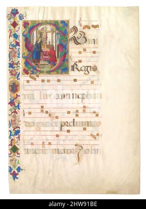 Art inspired by Manuscript Leaf with Saint John Gualbert in an Initial S, from an Antiphonary, early 16th century, Made in Umbria, Italy, Italian, Tempera, ink, and gold on parchment, Overall: 28 1/4 x 19 15/16 in. (71.7 x 50.6 cm), Manuscripts and Illuminations, Classic works modernized by Artotop with a splash of modernity. Shapes, color and value, eye-catching visual impact on art. Emotions through freedom of artworks in a contemporary way. A timeless message pursuing a wildly creative new direction. Artists turning to the digital medium and creating the Artotop NFT Stock Photo