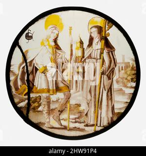 Art inspired by Roundel with Saint Jodocus and St. Clare of Assisi, 1520–30, South Netherlandish, Colorless glass, silver stain, vitreous paint, Overall Diam.: 9 in. (22.9 cm), Glass-Stained, Classic works modernized by Artotop with a splash of modernity. Shapes, color and value, eye-catching visual impact on art. Emotions through freedom of artworks in a contemporary way. A timeless message pursuing a wildly creative new direction. Artists turning to the digital medium and creating the Artotop NFT Stock Photo