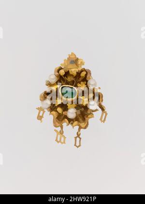 Art inspired by Cluster Brooch with Letters Spelling 'Amor', mid-15th century, French, Gold, pearl, emerald, silver pin, Overall: 1 1/8 x 15/16 x 9/16 in. (2.9 x 2.4 x 1.4 cm), Metalwork-Gold, This gold cluster jewel includes the Latin word amor (love) in delicate gold letters. It, Classic works modernized by Artotop with a splash of modernity. Shapes, color and value, eye-catching visual impact on art. Emotions through freedom of artworks in a contemporary way. A timeless message pursuing a wildly creative new direction. Artists turning to the digital medium and creating the Artotop NFT Stock Photo